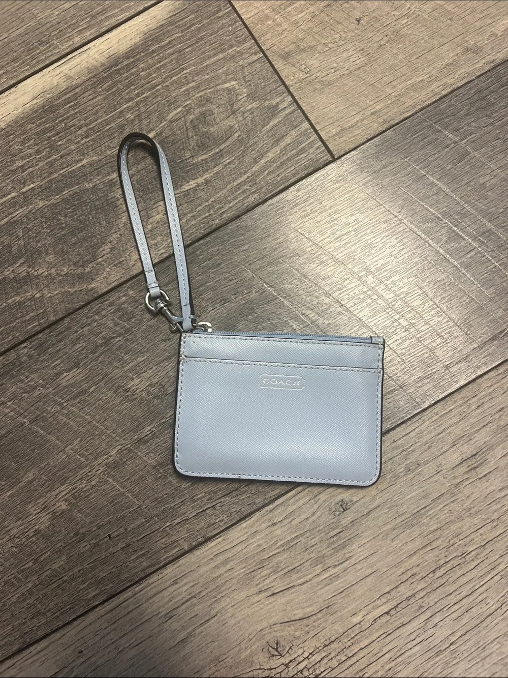 Coach Pale Blue Leather Wristlet Card Case with Strap